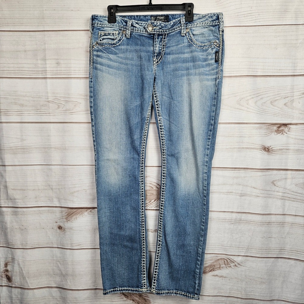 Y2K Silver Jeans Co Tuesday Low Baby Boot Thick Stitch Medium Wash Denim 34x33